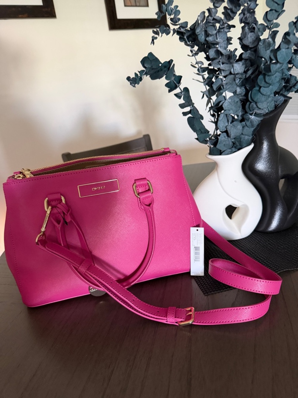 DKNY Hot Pink Saffiano Satchel with Removable Strap and gold hardware.